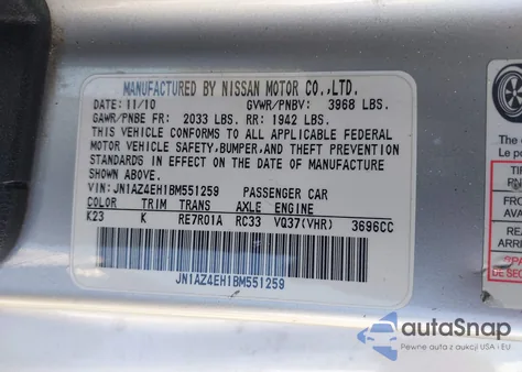 2011 Nissan 370Z Touring from USA, damaged, VIN JN1AZ4EH1BM551259